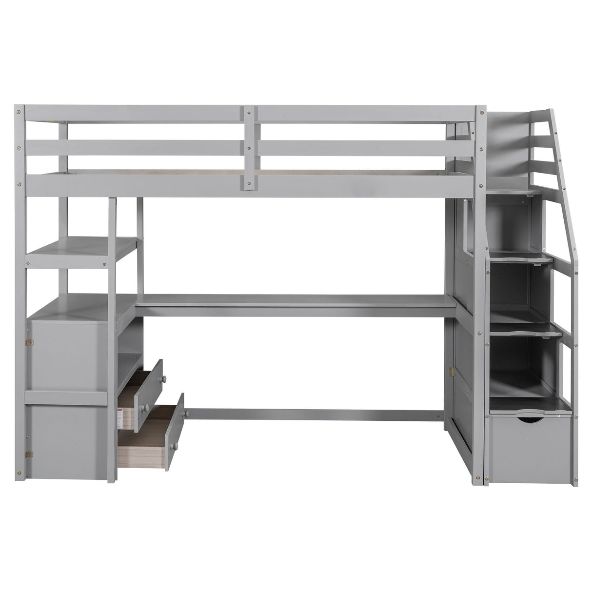 Loft Bed With Desk, Shelves, 2 Drawers, Storage Staircase