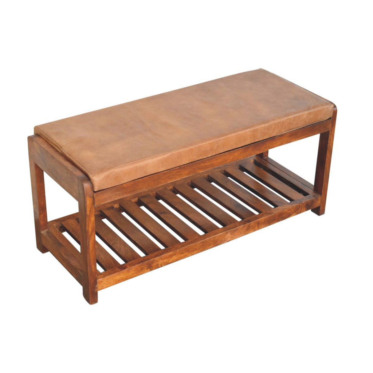 Solid Wood Small Buffalo Slatted Bench, Leather Upholstered, Open Storage