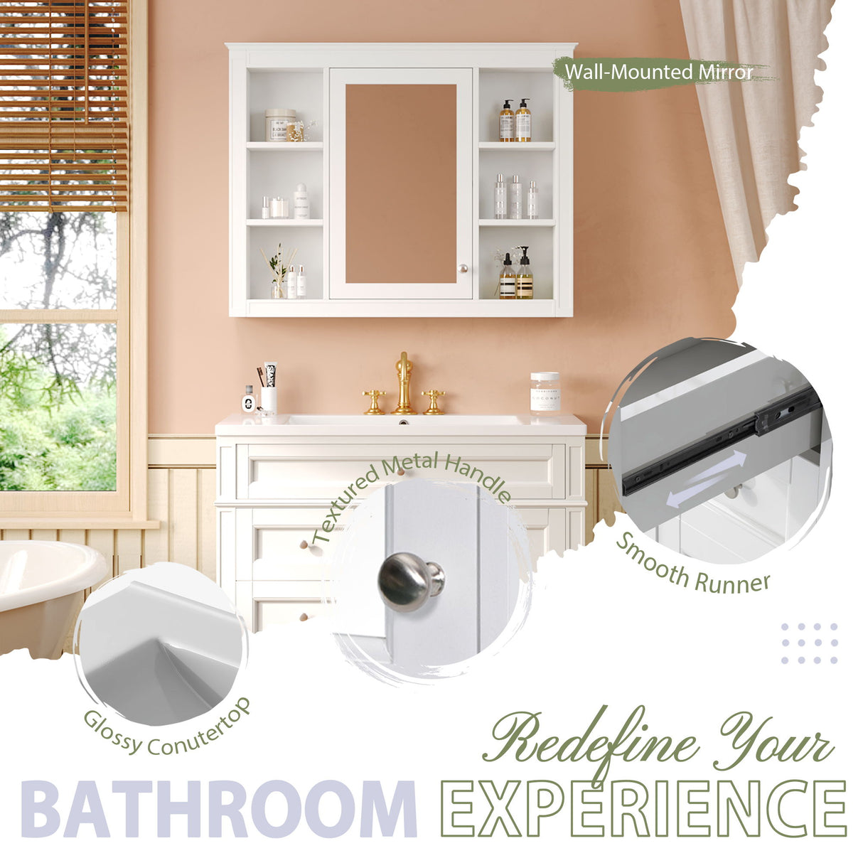 Bathroom Vanity With Mirror Cabinet, Single Sink With 2 Soft Closing Doors And 4 Drawers