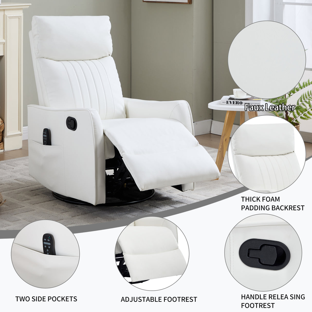 White Heat Massage Manual Recliner Chair with Rocker and Swivel in Faux Leather