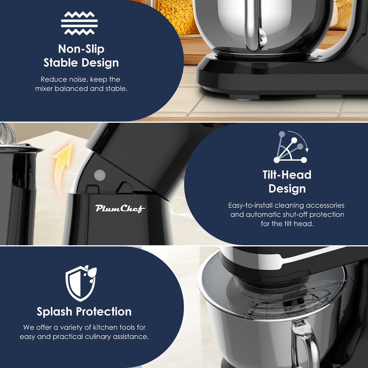 Plum Chef 5.5QT Electric Stand Mixer, 12-Speed Tilt-Head Food Mixer, Dough Mixer with Dishwasher Safe Stainless Steel Bowl, Dough Hook, Flat Beater, Whisk, Splash Guard