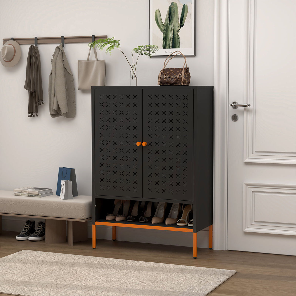 Grid Double Door Shoe Cabinet With Adjustable Compartments and Moisture-Proof Design