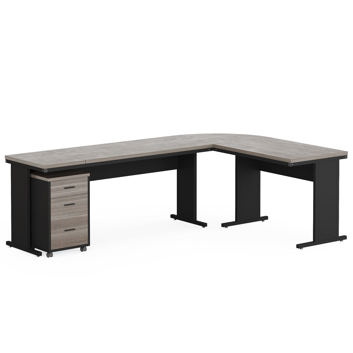 L-Shaped Executive Desk With Reversible Design, 3 Drawer Mobile File Cabinet For Home Office Workstation - Gray / Black