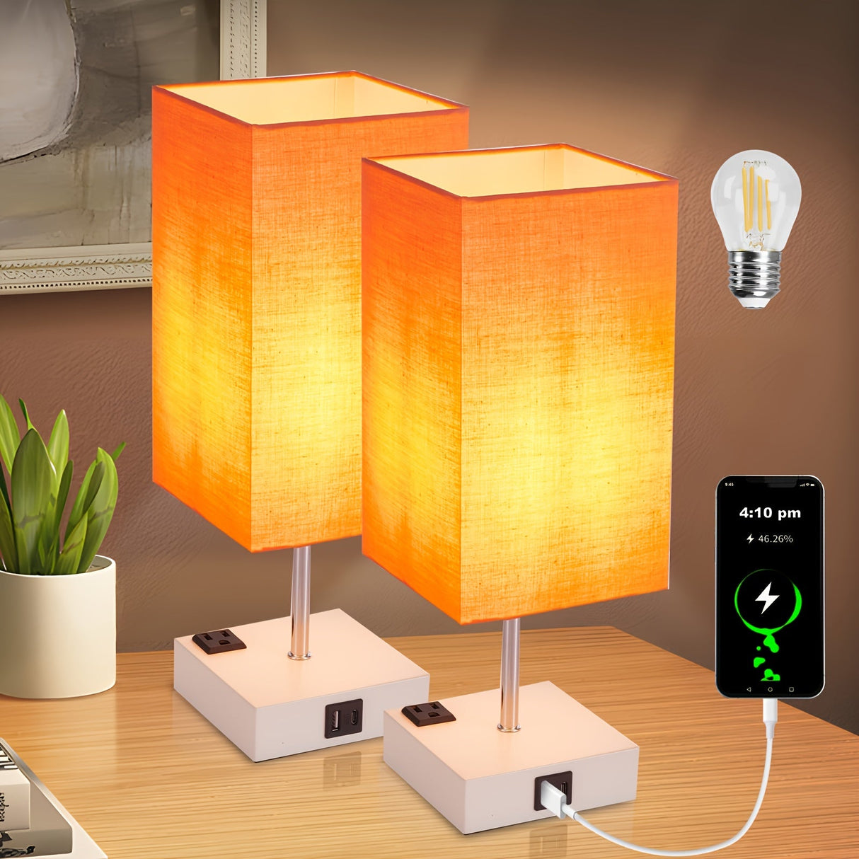 Touch Table Lamp with USB & Outlet – Modern Fabric Shade Bedside Light for Bedroom