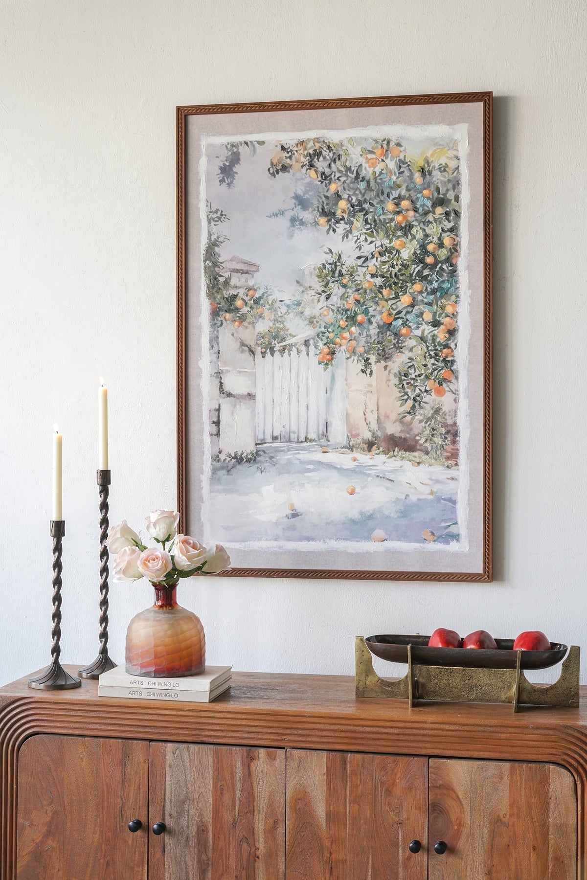 31.5x47.2' Hand-Painted Courtyard Scene Canvas Wall Art with Textured Pine Wood Frame