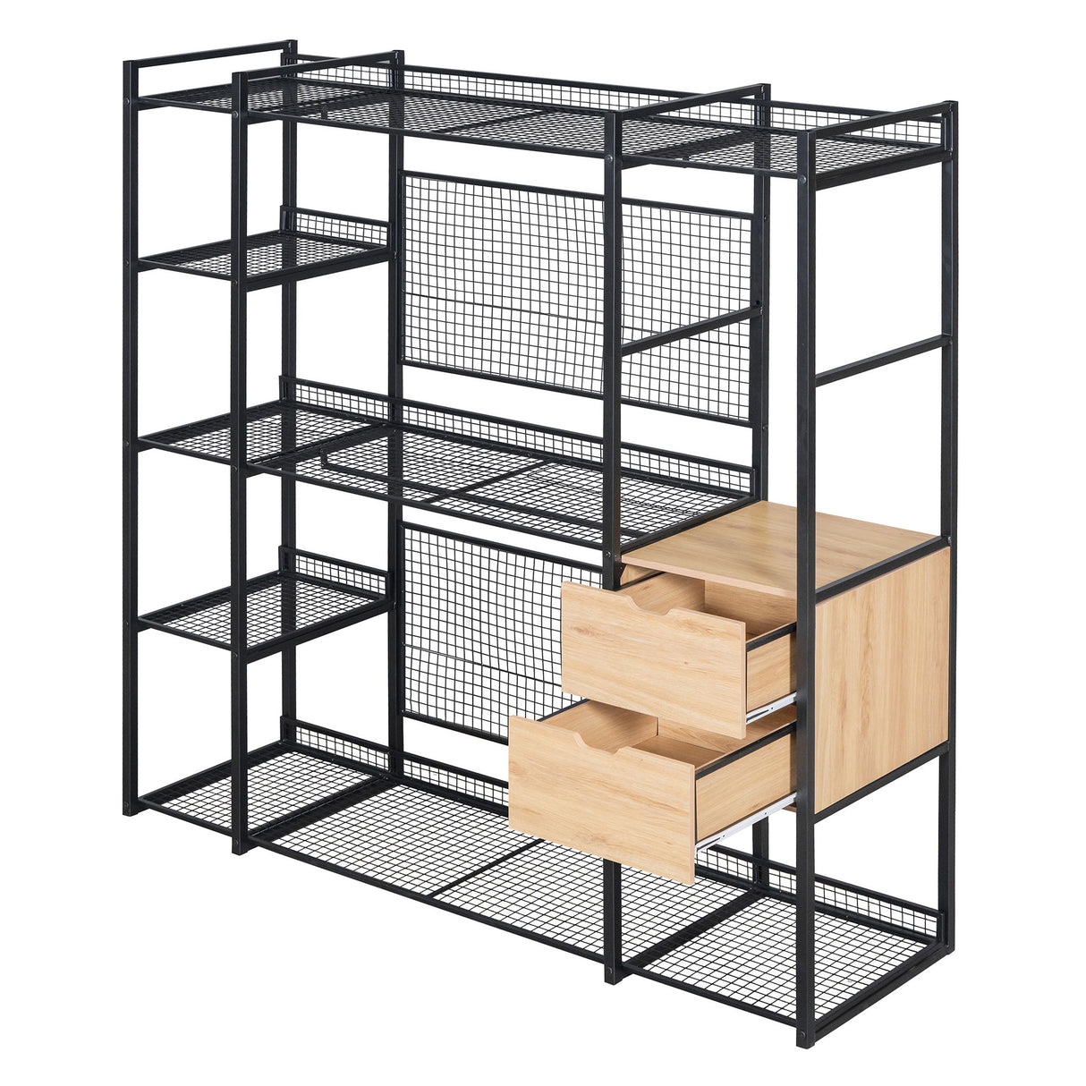 Open Style Wardrobe With Hanging Rails, Shelves And Drawers