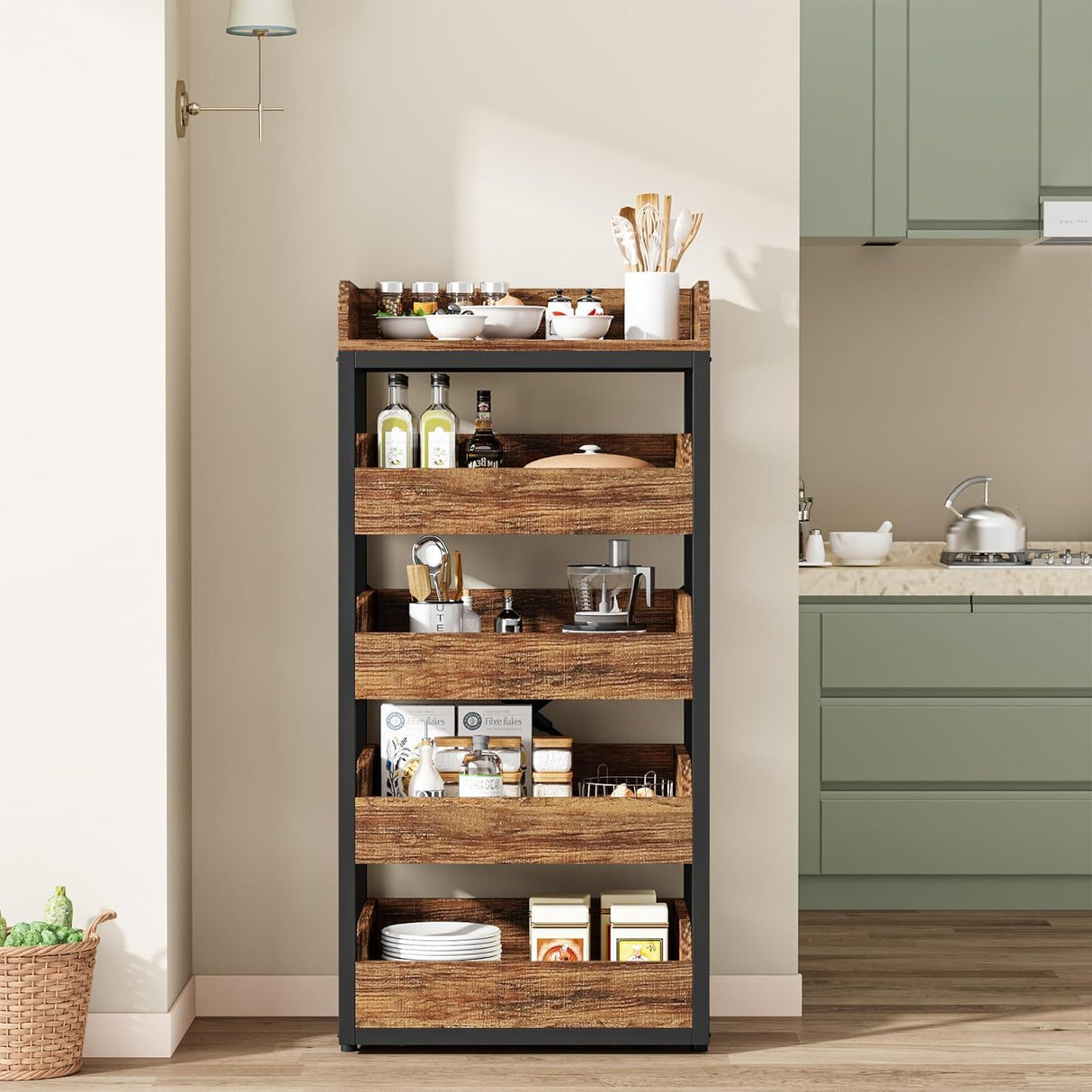 5 Tier Pull Out Fruit Vegetable & Snack Storage Rack - Brown / Black