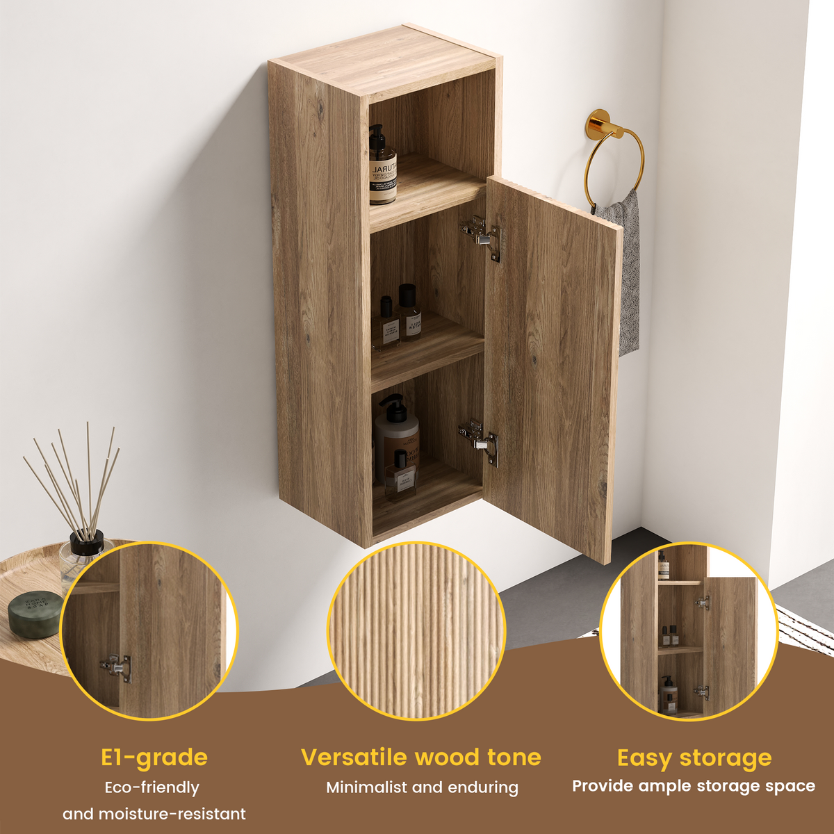 Rough Oak Wall-Mounted Bathroom Storage Cabinet, 12-Inch
