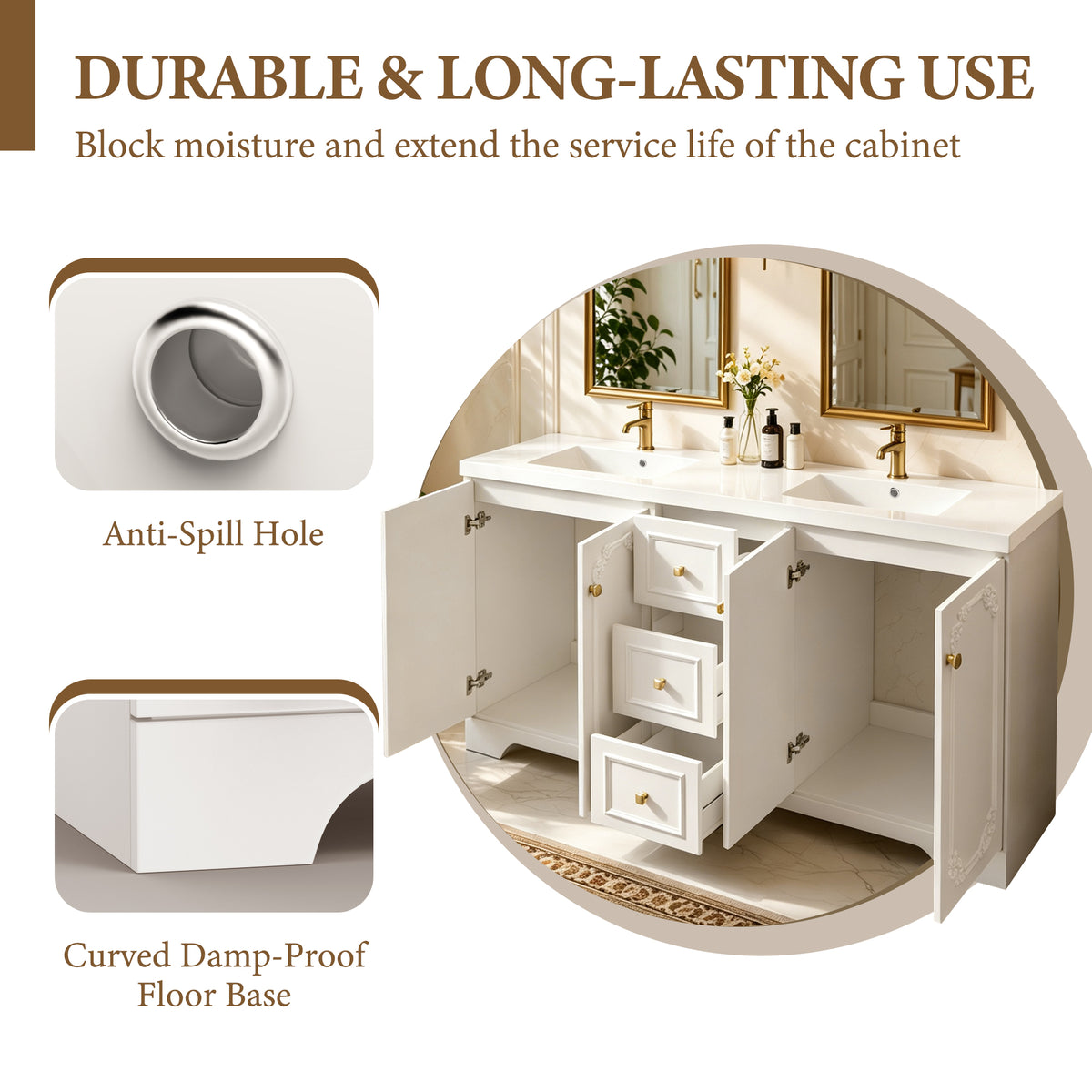 60" White French Bathroom Vanity