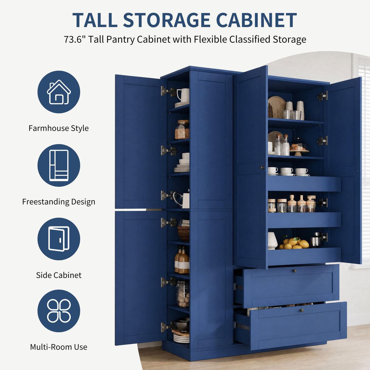 TOPMAX 73.6" Tall Farmhouse Kitchen Pantry Cabinet with 8 Shelves