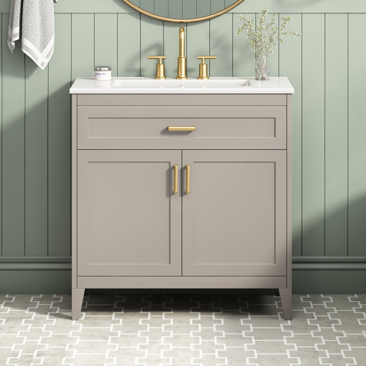 30" Bathroom Vanity with Ceramic Sink Top, Solid Wood Legs
