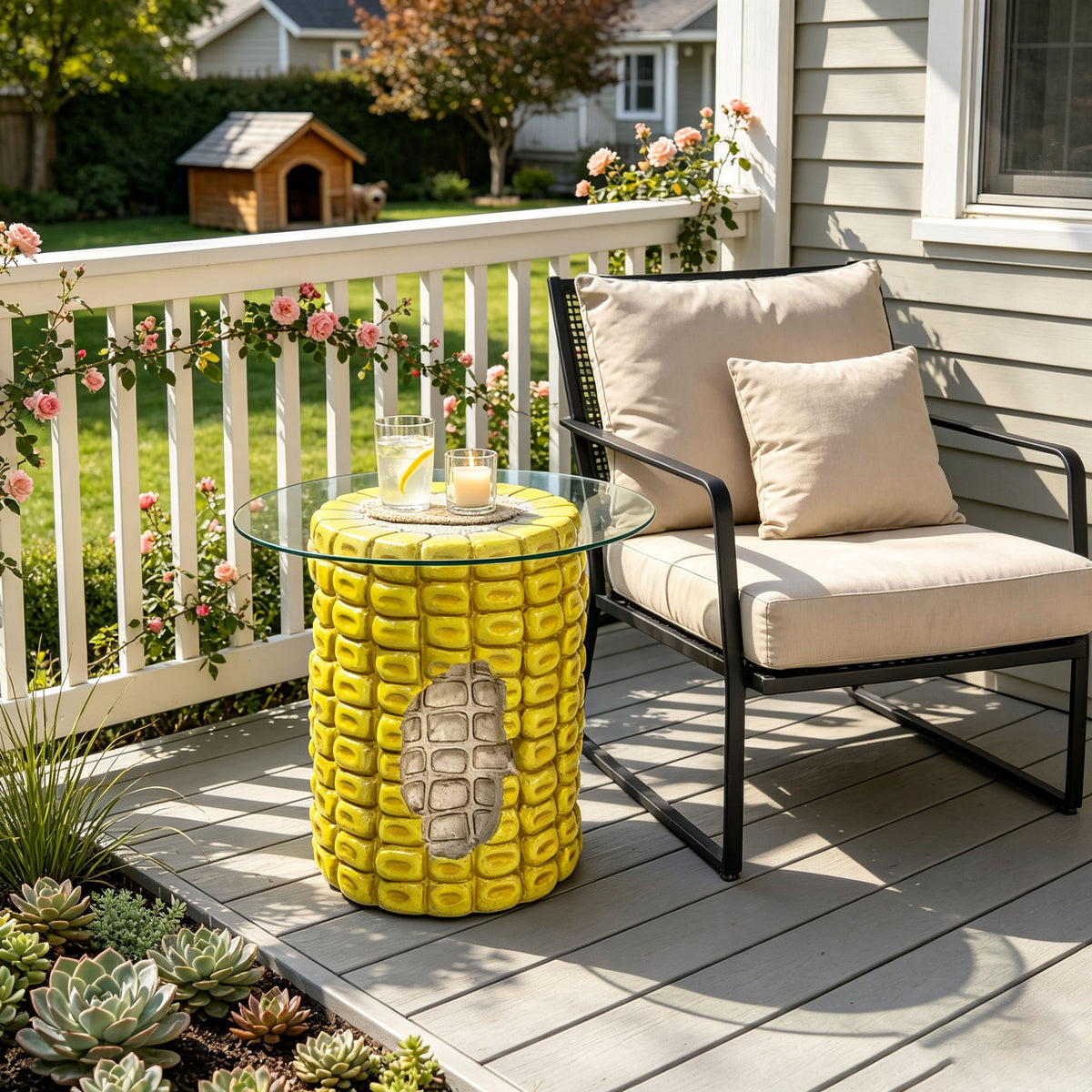 Corn Cob Side Table, 17.32-Inch High with Glass Top, Yellow
