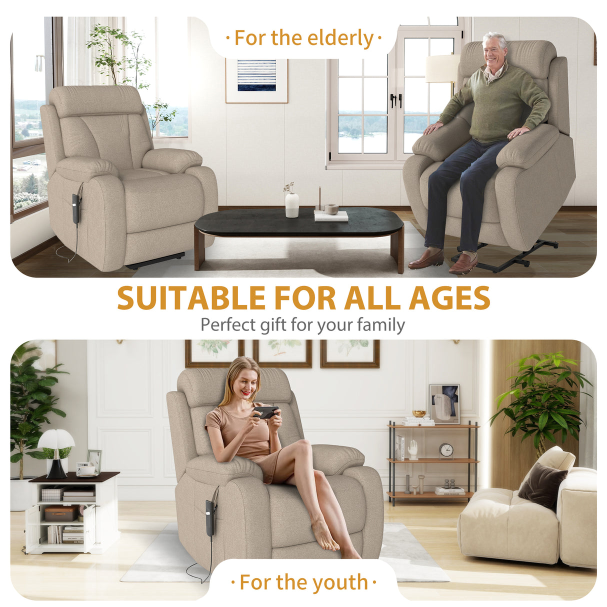 Power Lift Recliner for Elderly - Adjustable Velvet Chair