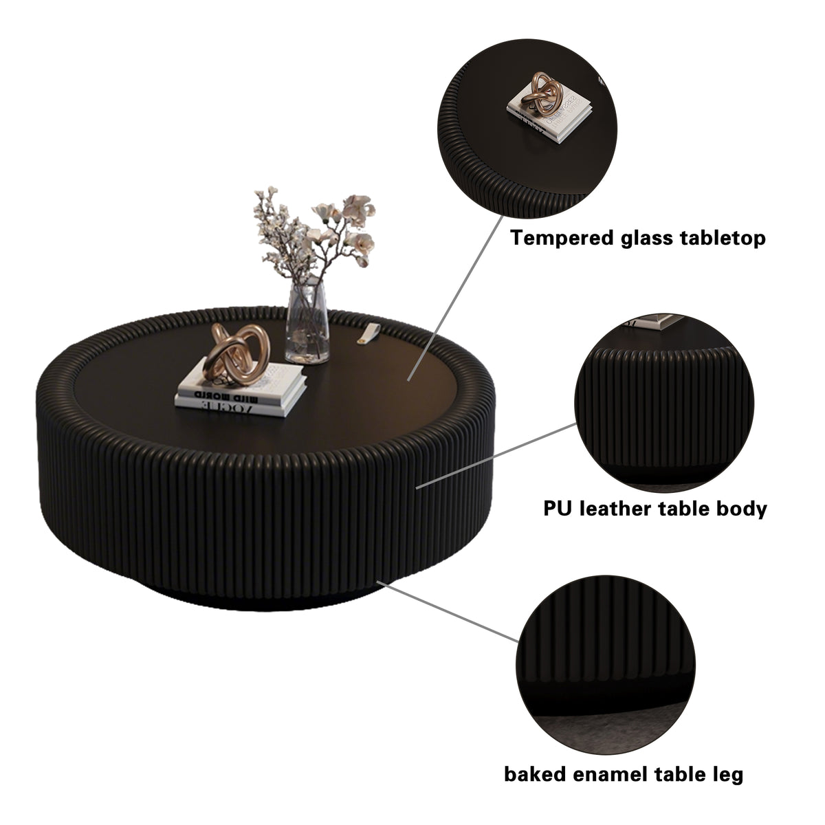 Black Round Fluted Coffee Table with Tempered Glass Top