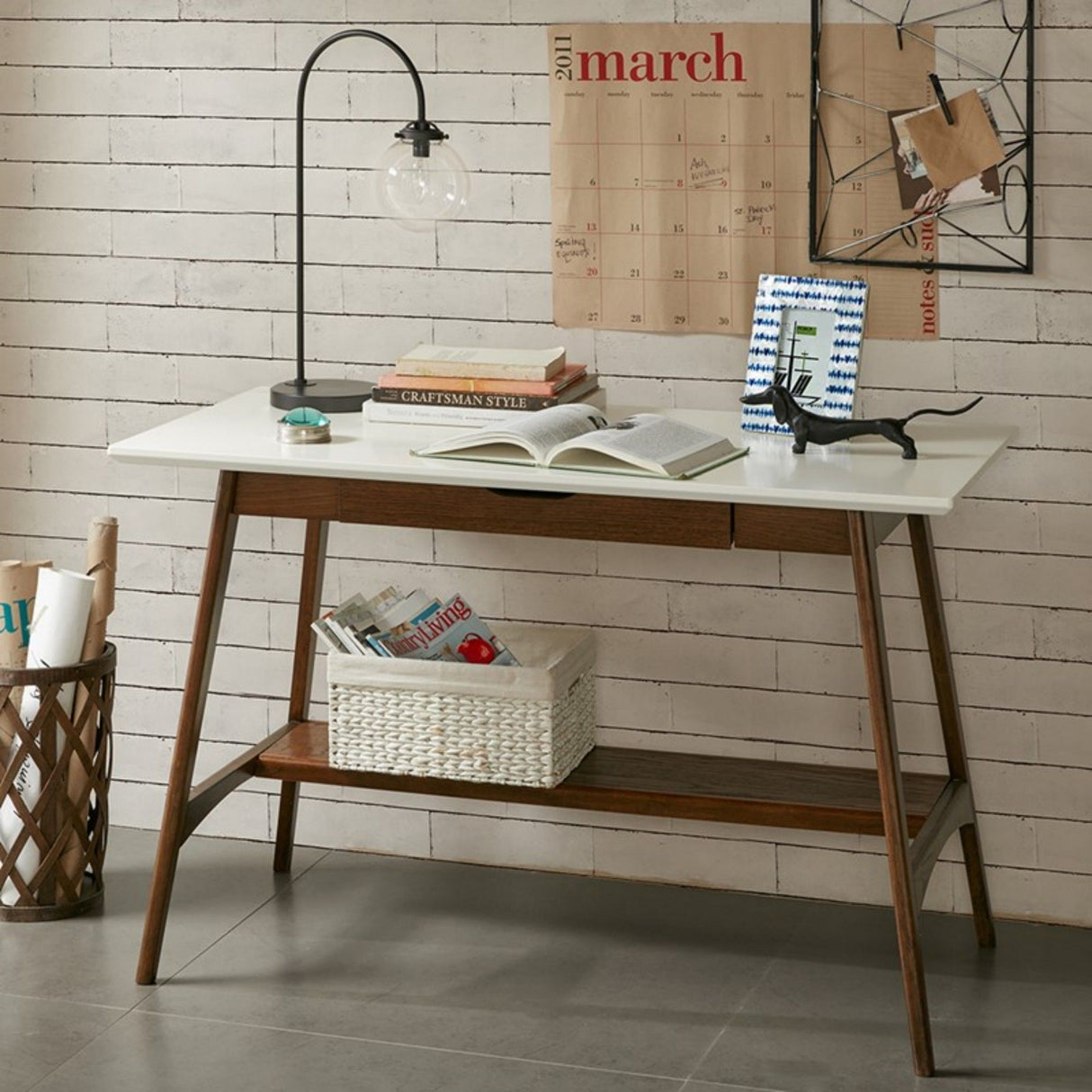 Parker - Desk With Storage Shelf - Off White / Pecan