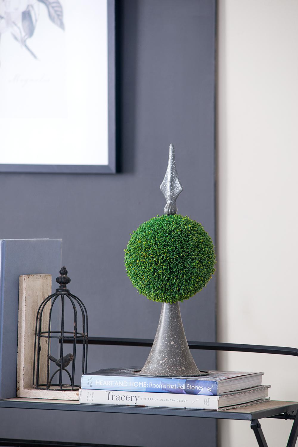 7x7x17" Faux Boxwood Topiary Sphere on Metal Spire