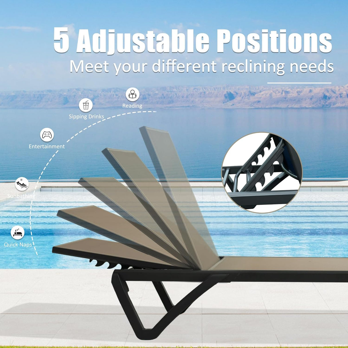 Pool Lounge Chairs Set of 2 with Adjustable Positions and Wheels