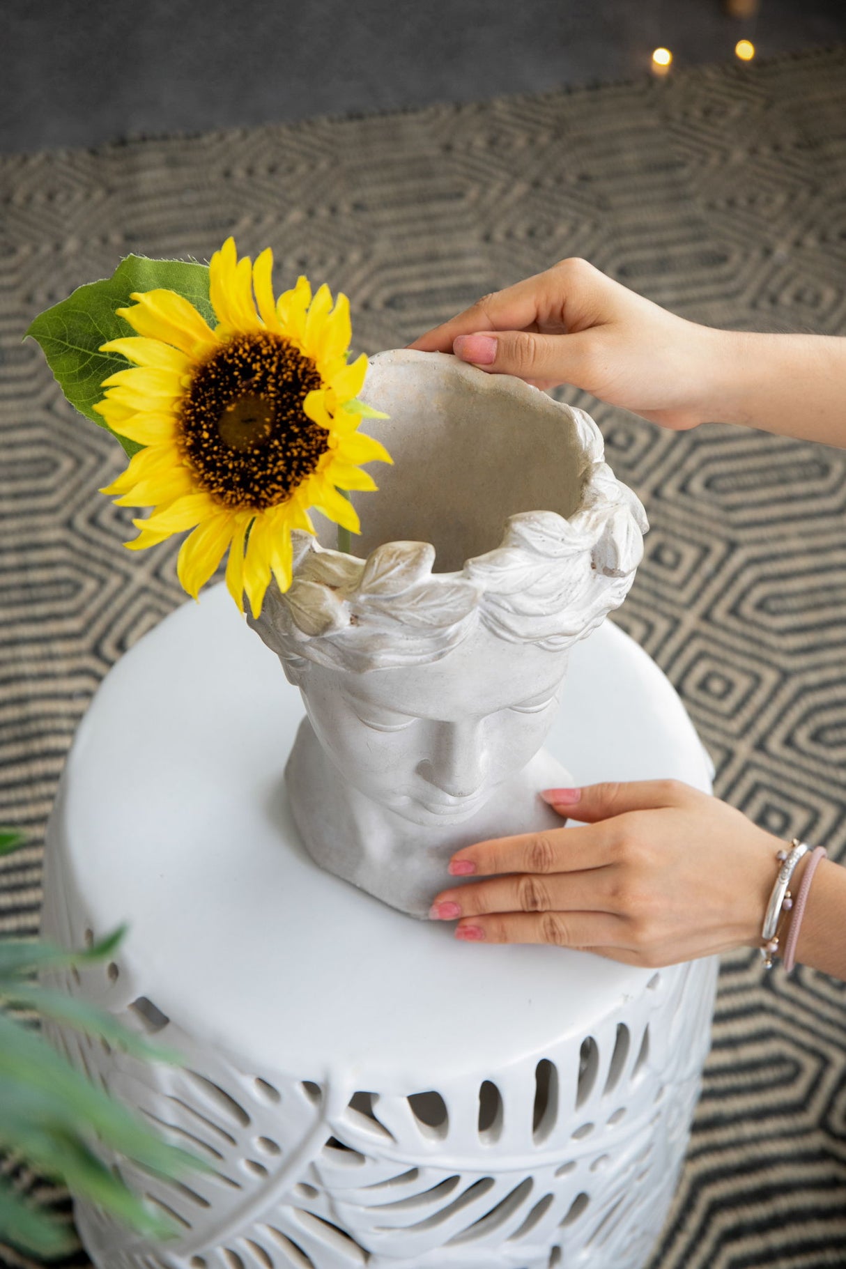 Greek Style Cement Head Planter Indoor Outdoor Home, Garden Decor - Gray