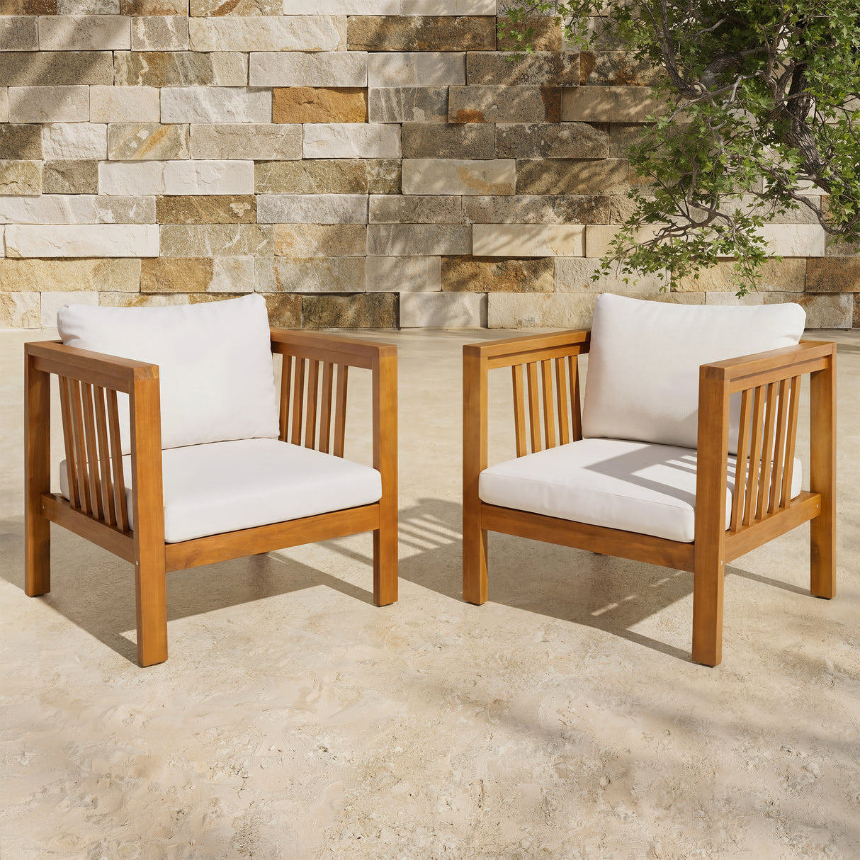 Set of 2 Outdoor Acacia Wood Club Chairs with Modern Square Arms