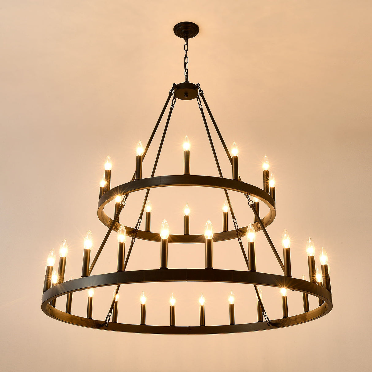 2 Tiers Wagon Wheel Chandelier Wooden Farmhouse 36 Light (24 / 12) Or (12 / 24) Metal Chandeliers 2 Story Light Fixtures Industrial For High Ceiling Living Dining Room Foyer, Adjustable Height - Black