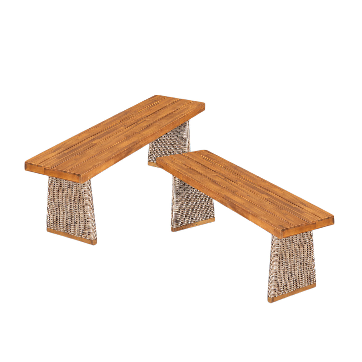 Outdoor Acacia Wood Bench (Set of 2), Teak Finish