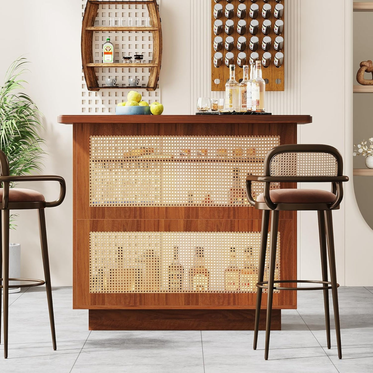 47.24 Inches Farmhouse Rattan Bar Unit