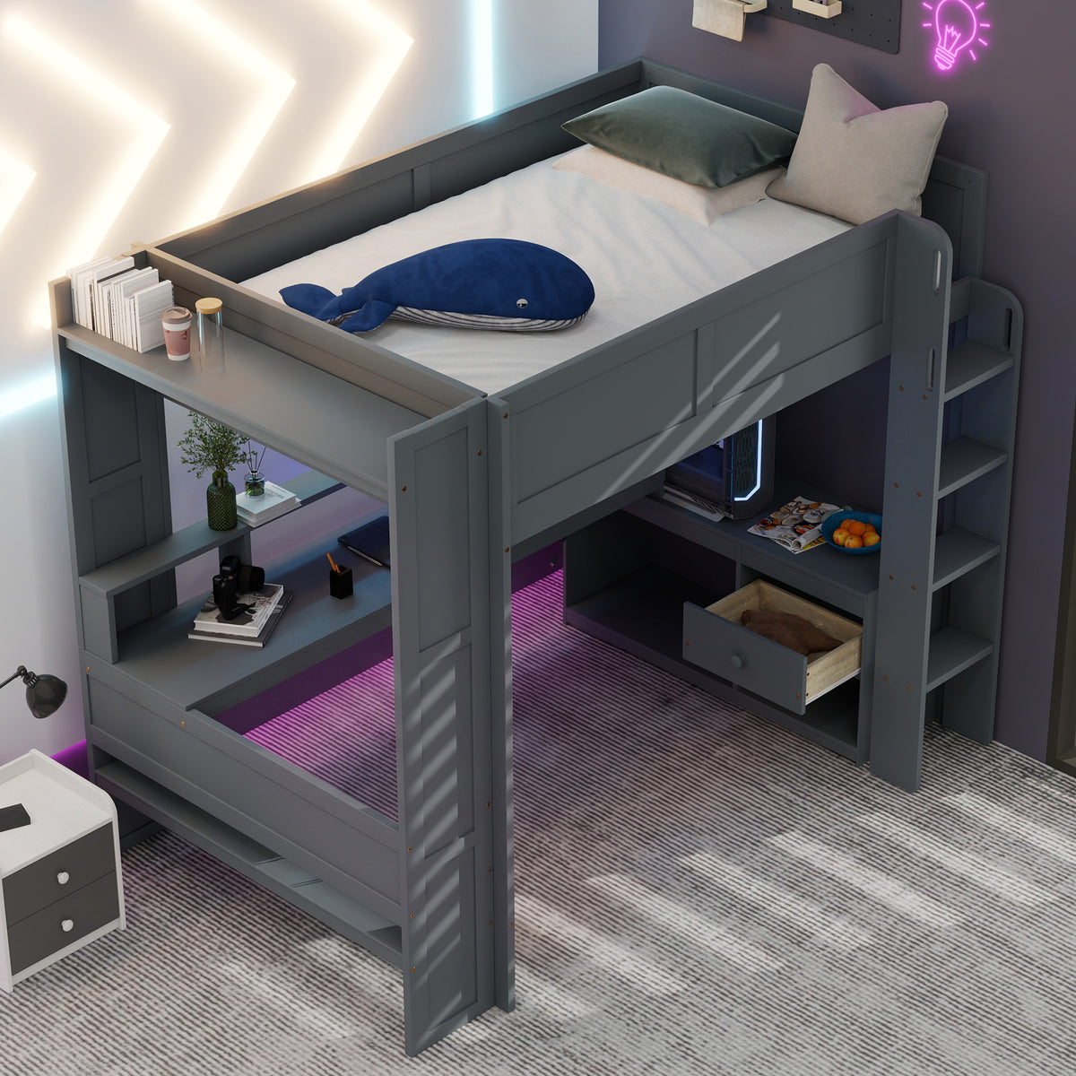 Wood Full Size Gaming Loft Bed with Desk, Multi-storage Shelves, LED and Charging Station