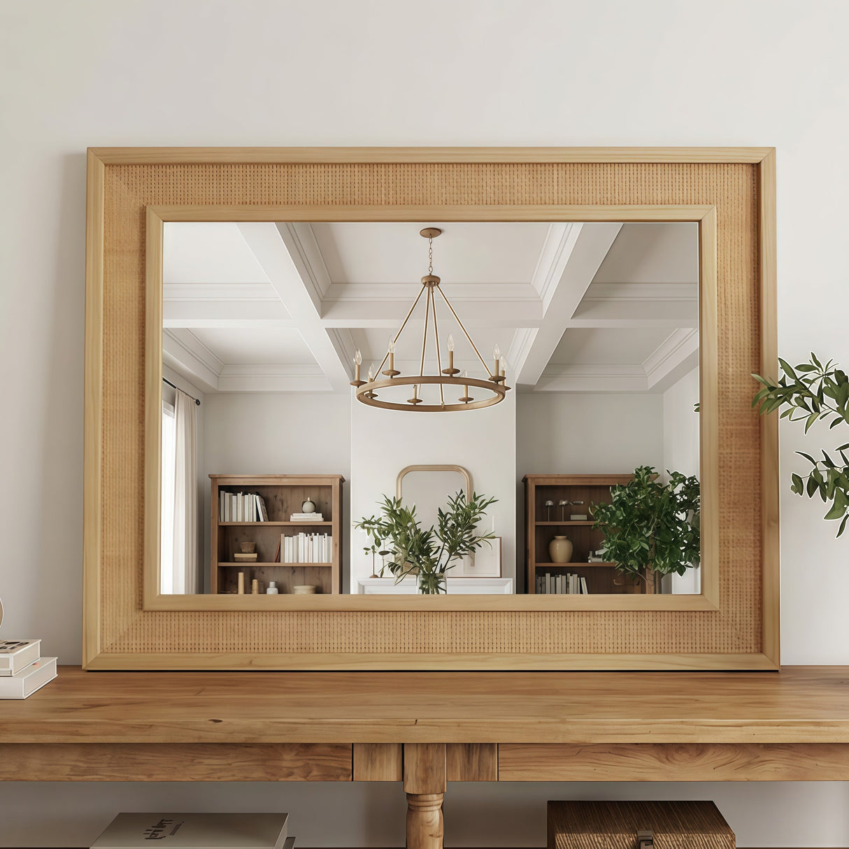 Natural Wood 20'x30' Rattan Solid Wood Frame Decorative Mirror