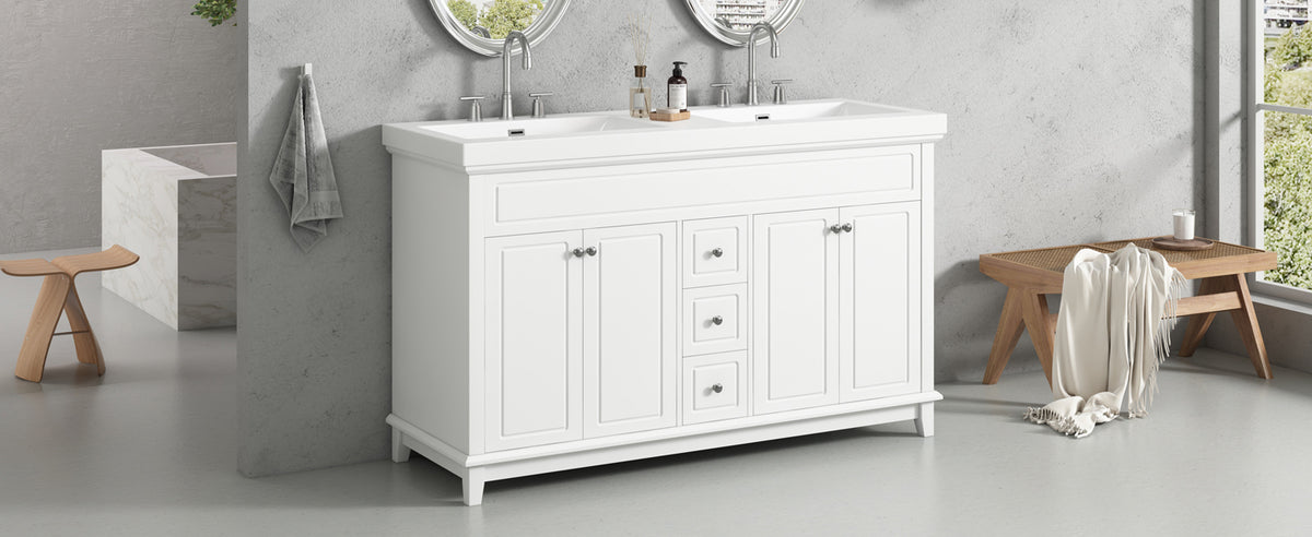 60" Bathroom Vanity with Resin Double Sinks, 3 Drawers & 4 Doors