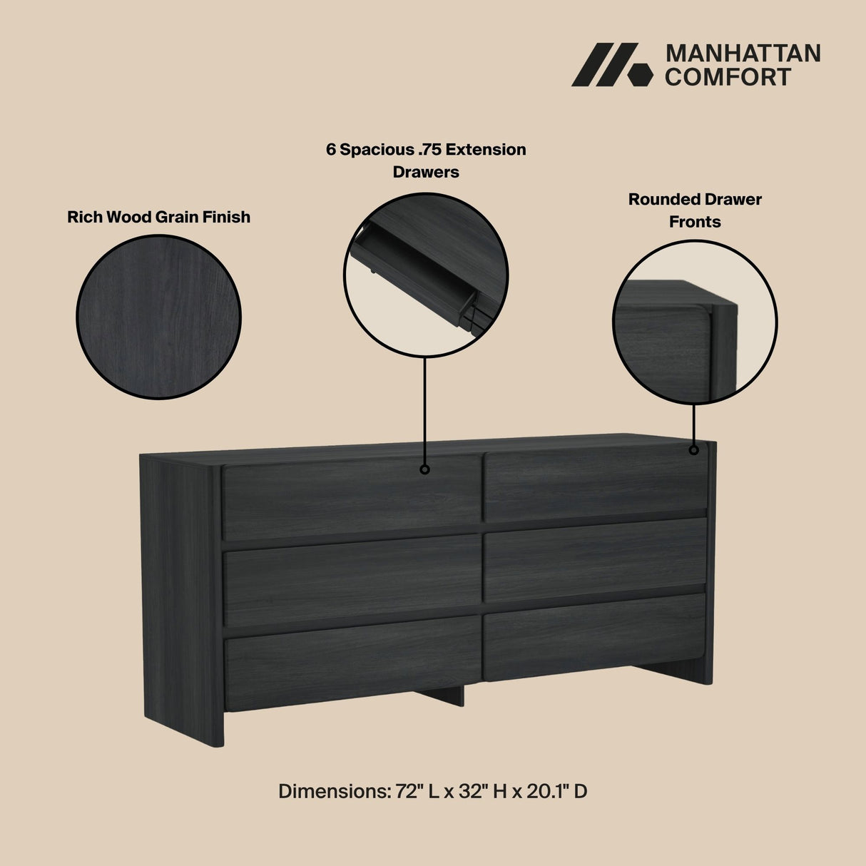 Linda - Double Wide Dresser With 6 Drawers
