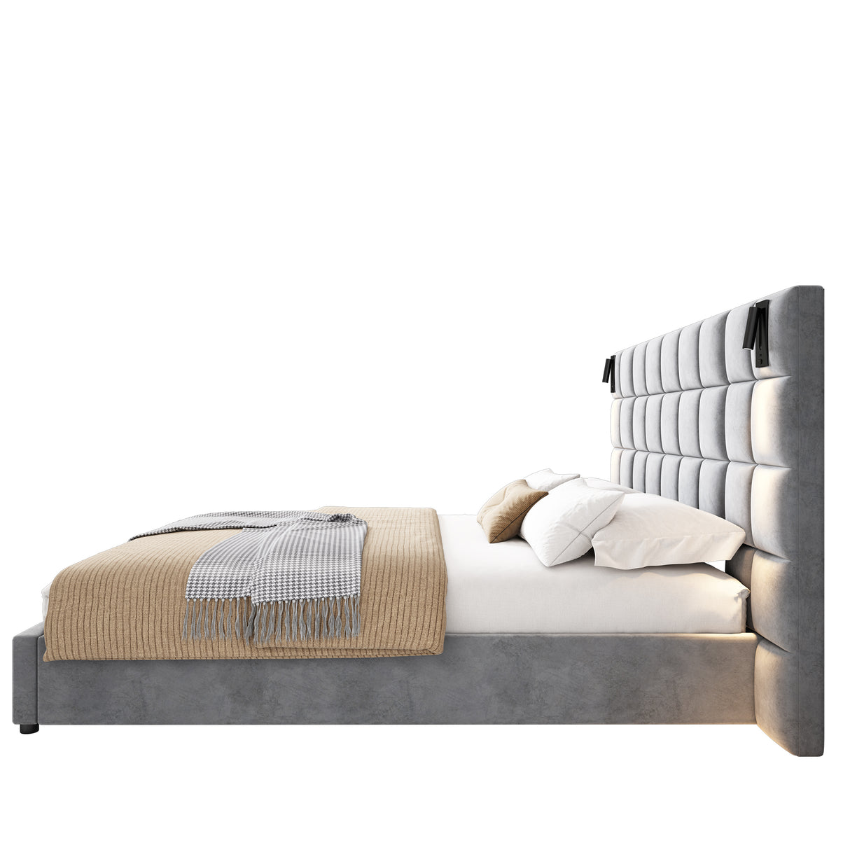 King Size Upholstered Bed Frame with Wall Sconce and USB Port