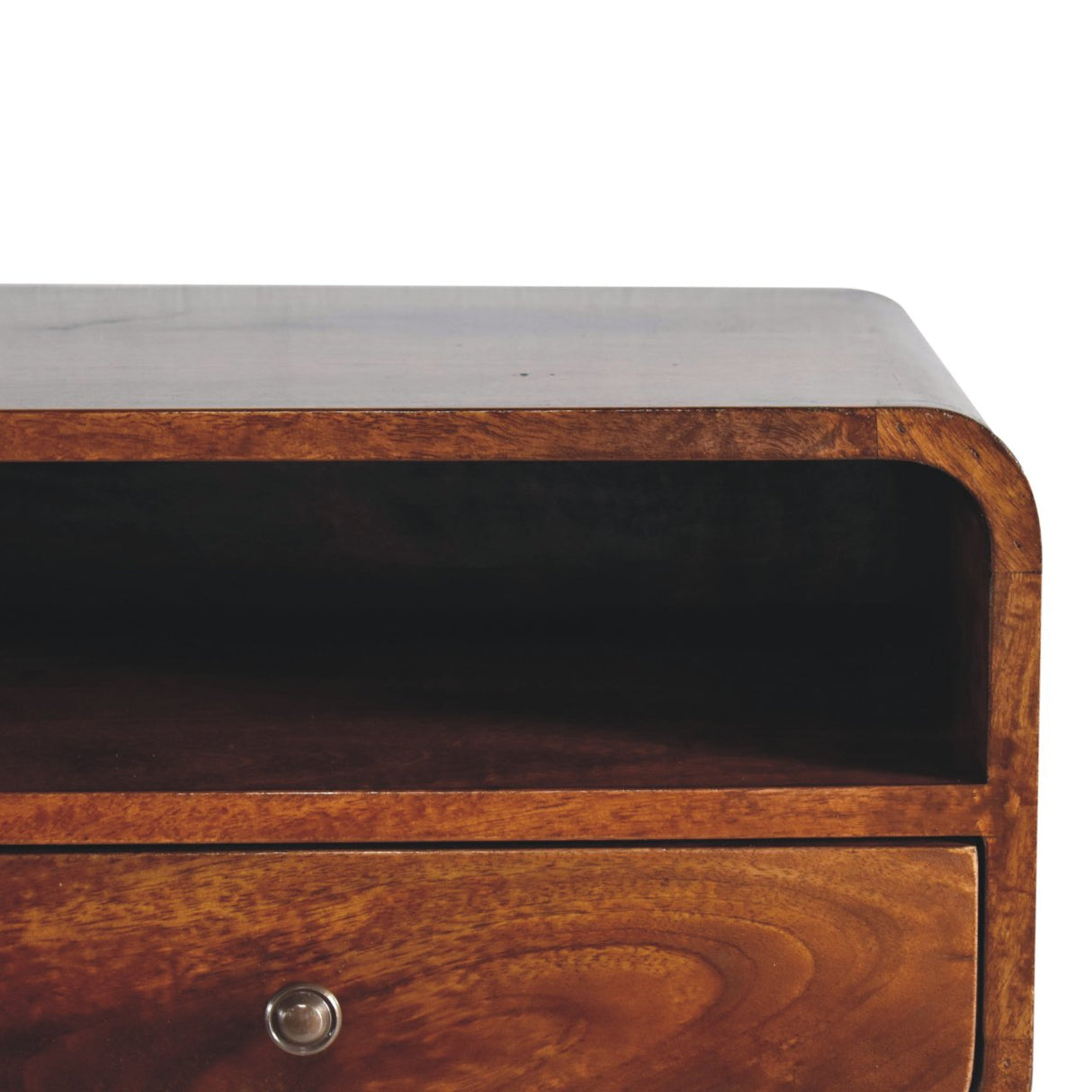 Large Floating Bedside, Curve Open Upper Slot, 1 Drawer, Chestnut