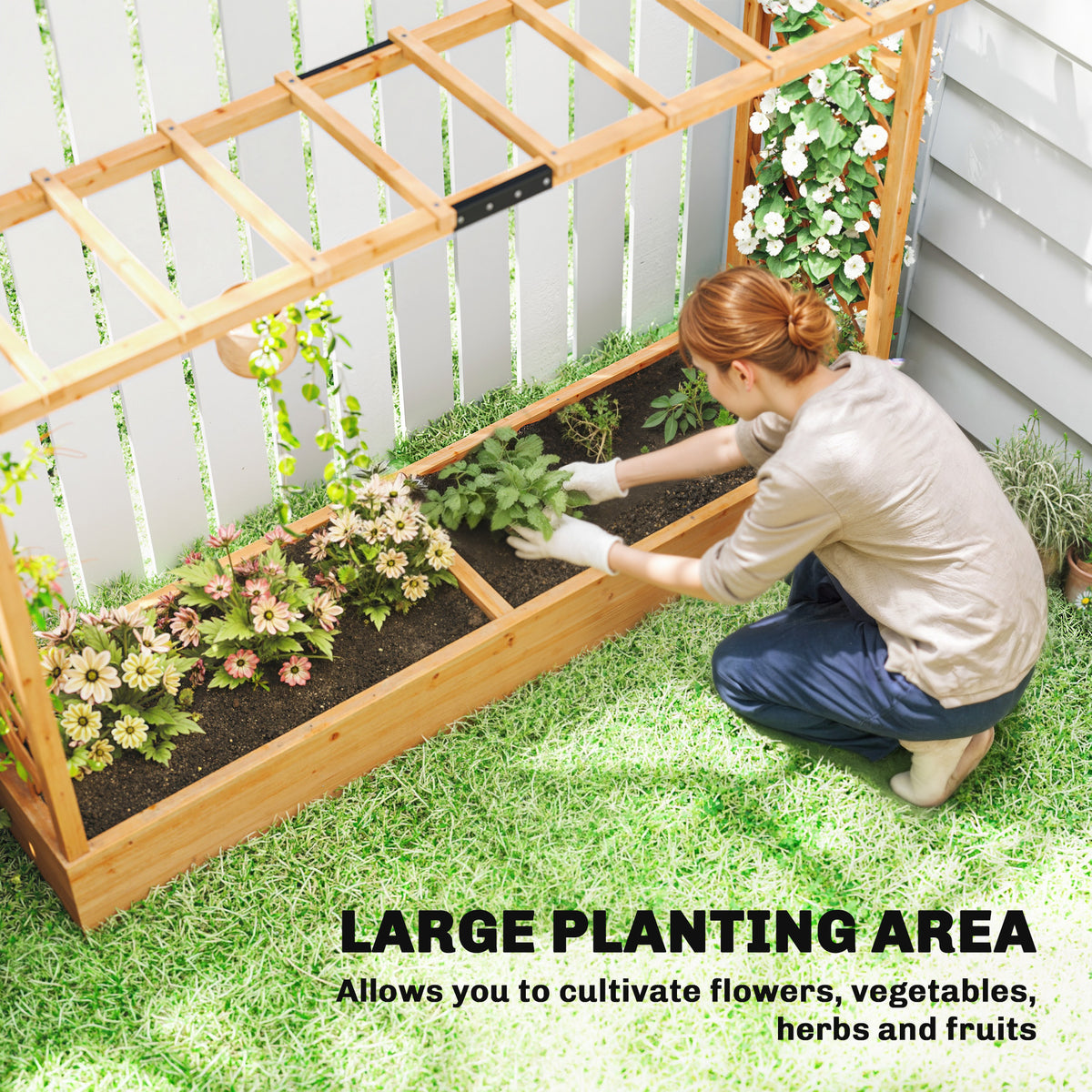 Wood Raised Garden Bed with Trellis - Large Outdoor Planter Box