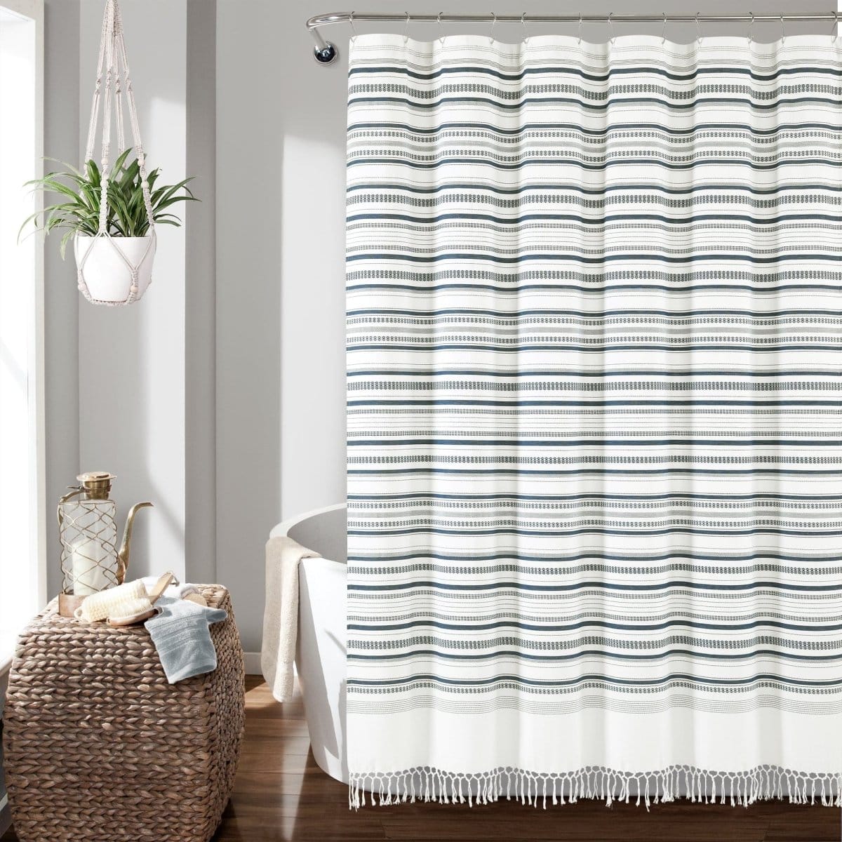 LushDecor Urban Woven Yarn Dyed Recycled Cotton Blend Shower Curtain in Navy
