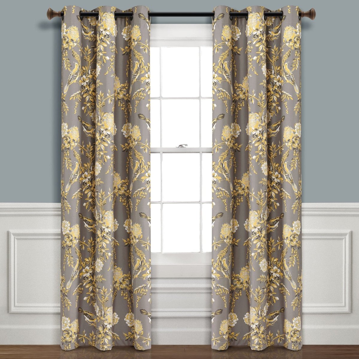 Farmhouse Bird And Flower Insulated Grommet Blackout Curtain Panel Set