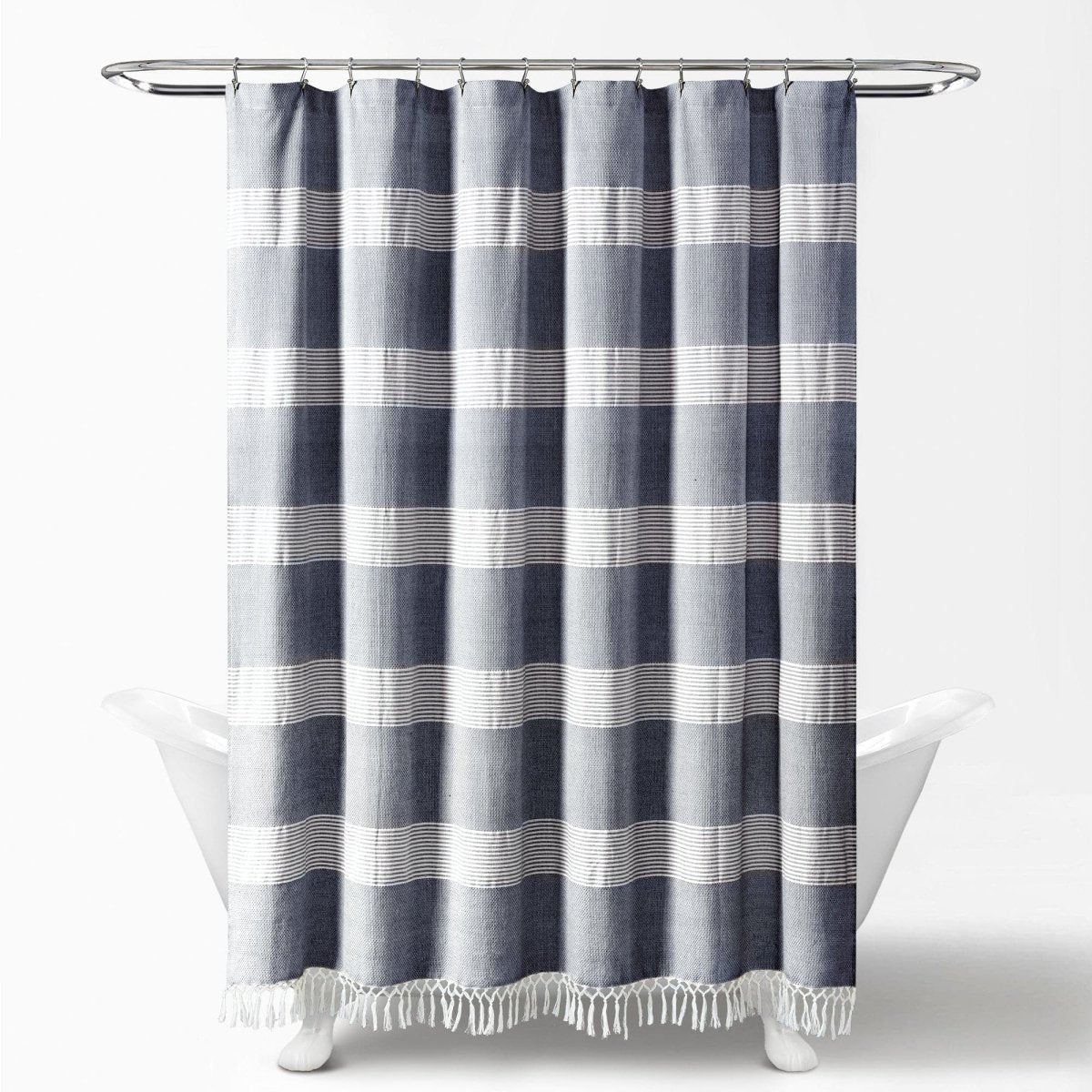 Tucker Stripe Yarn Dyed Knotted Tassel Shower Curtain