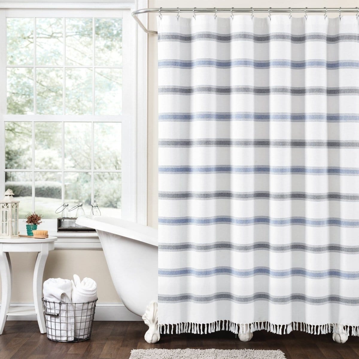 LushDecor Stripe Woven Textured Yarn Dyed Recycled Cotton Shower Curtain in Blue_White