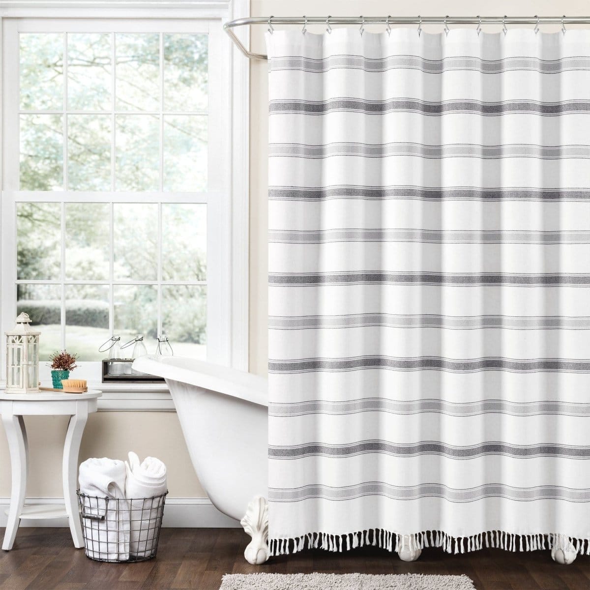 LushDecor Stripe Woven Textured Yarn Dyed Recycled Cotton Shower Curtain in Gray_White
