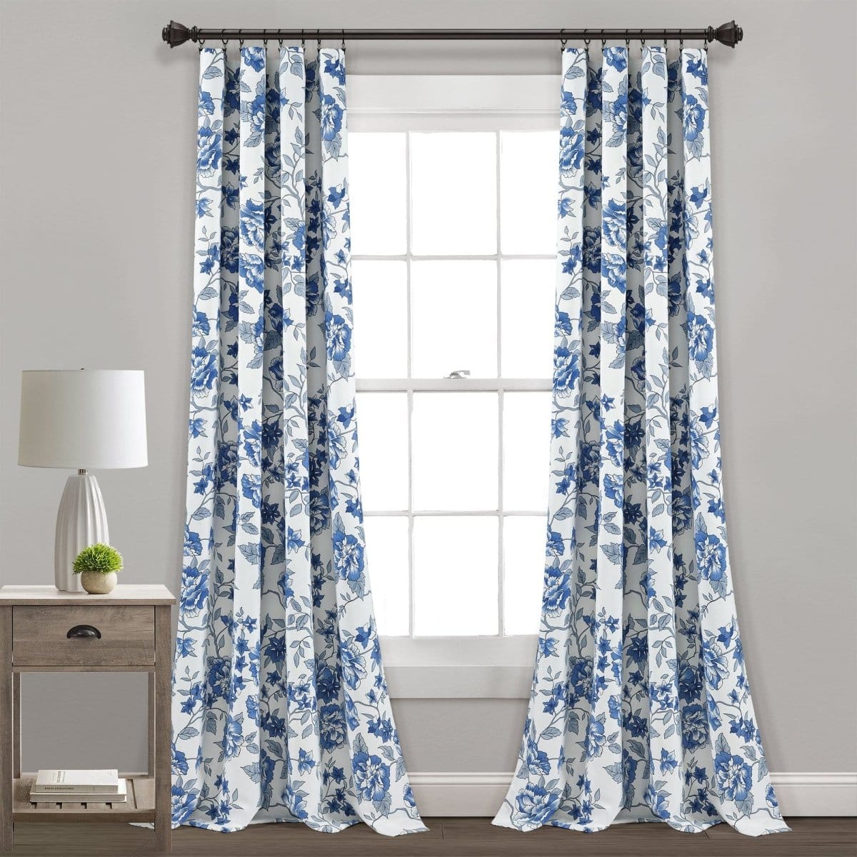 LushDecor Ivana Floral Light Filtering Window Curtain Panel Set in White_Navy