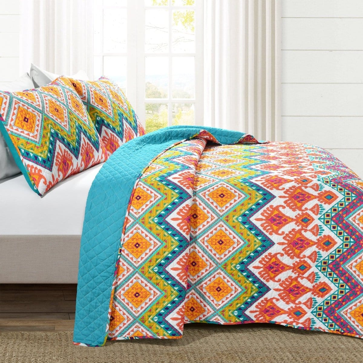 LushDecor Boho Chevron Reversible Cotton Quilt 3 Piece Set in Turquoise_Multi - view 2