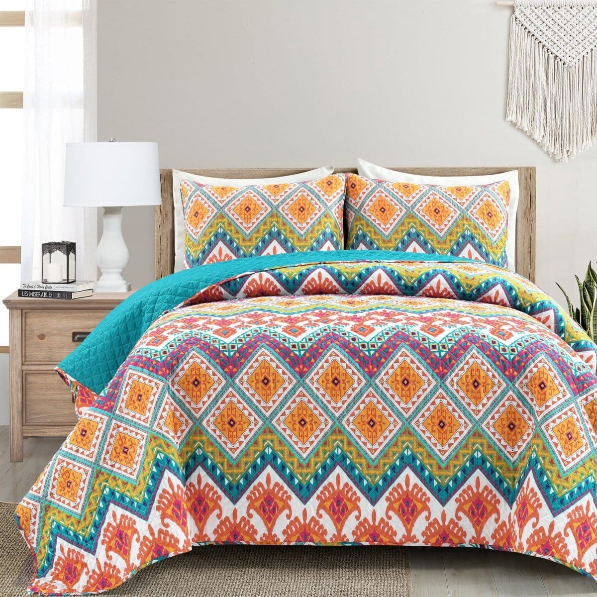 LushDecor Boho Chevron Reversible Cotton Quilt 3 Piece Set in Turquoise_Multi