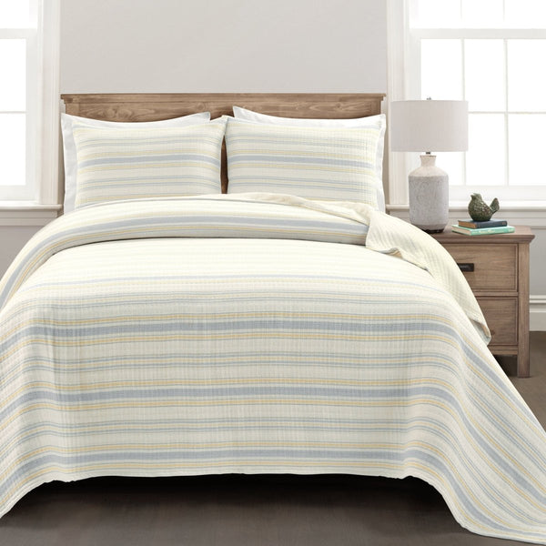 Solange Stripe Kantha Pick Stitch Yarn Dyed Cotton Woven Quilt Coverlet Set