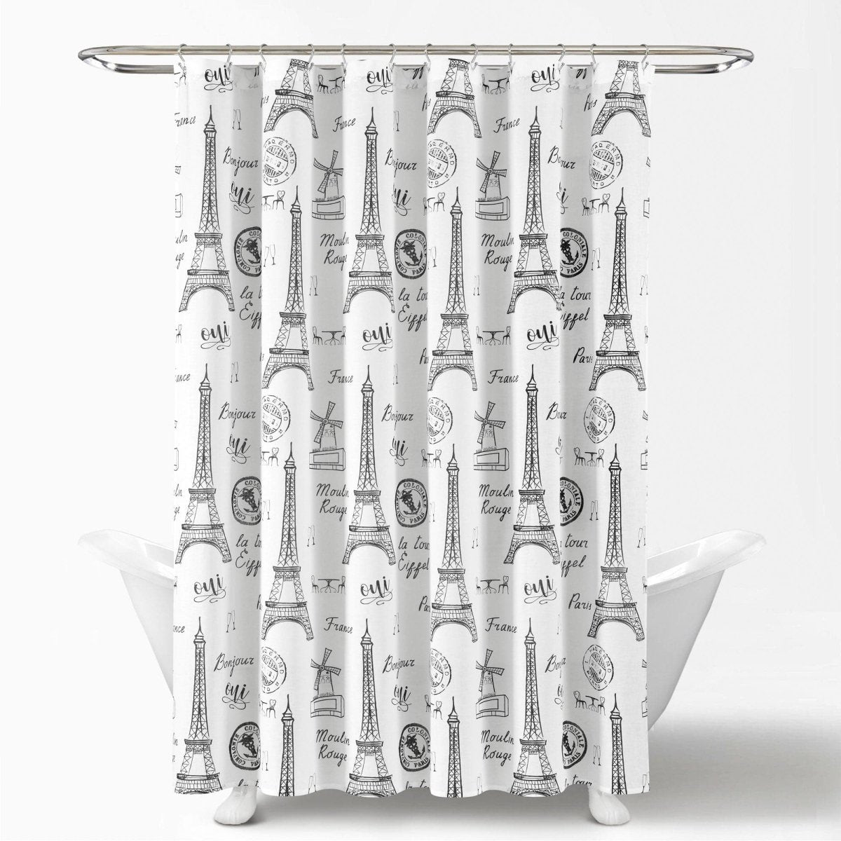 Paris Bonjour Cotton Shower Curtain 72" x 72" Black White