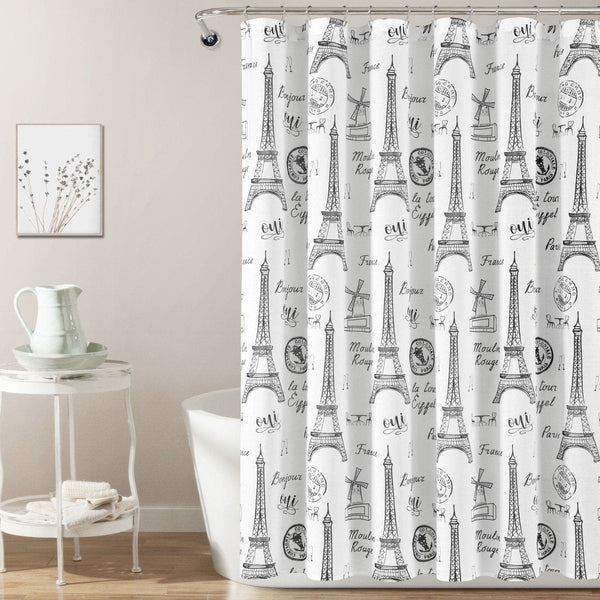 Paris Bonjour Cotton Shower Curtain 72" x 72" Black White