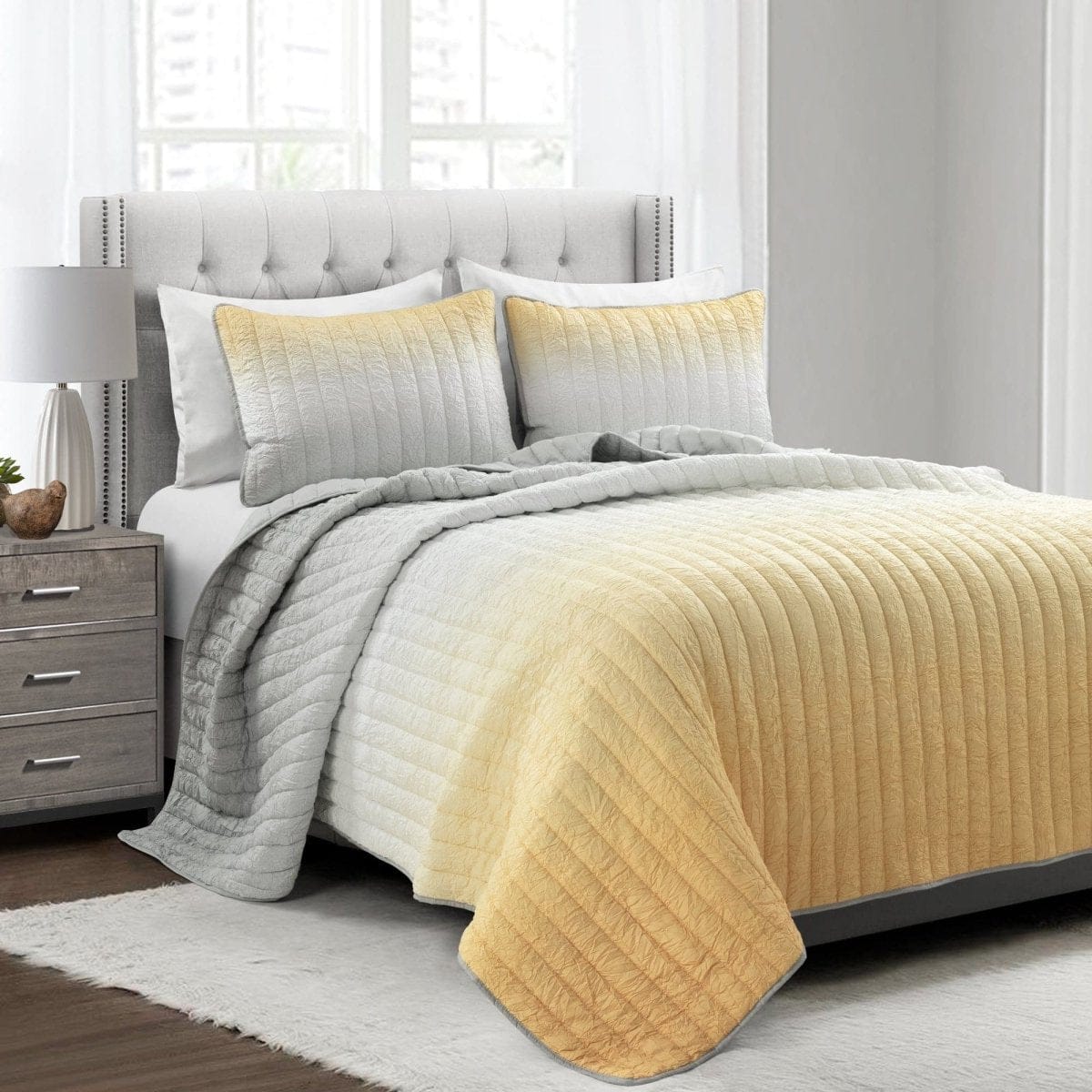 LushDecor Crinkle Ombre Oversized Quilt 3 Piece Set in Yellow_Gray