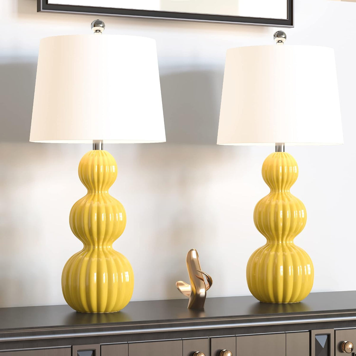 28-Inch Ceramic Table Lamps Set of 2, Modern Triple Gourd, Yellow with White Shade
