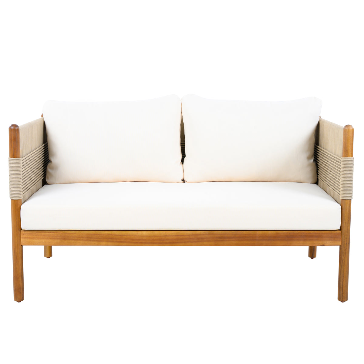 Outdoor Acacia Wood Loveseat with Diamond Rope Weave & Cushions