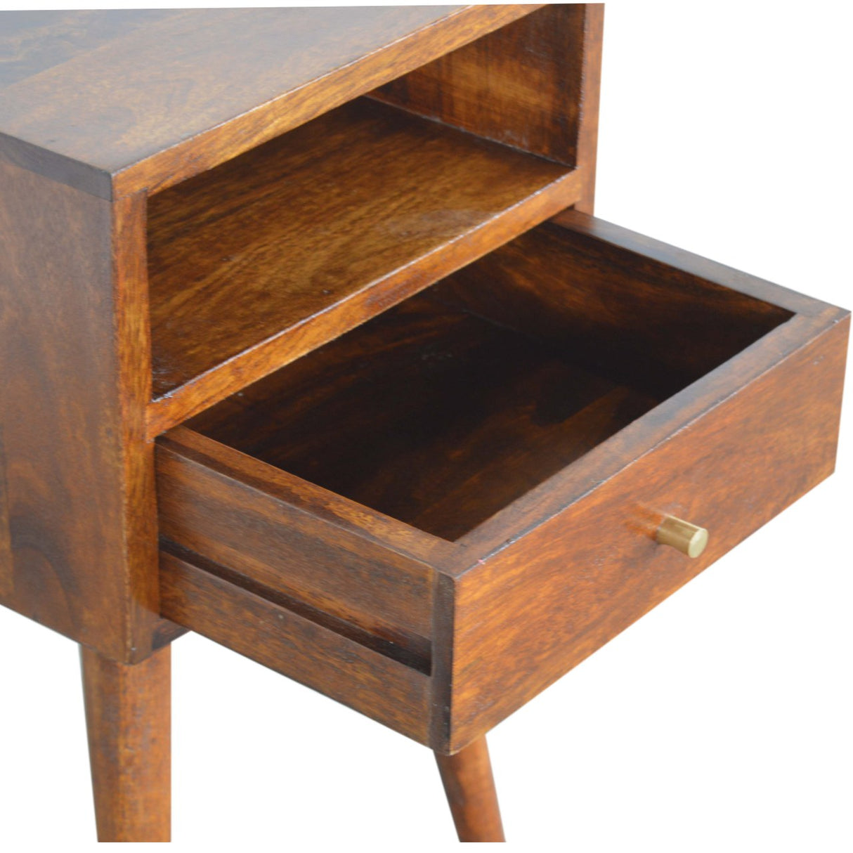 Solid Wood Mini Nightstand, 1-Drawer, 1 Open Slot, Chestnut
