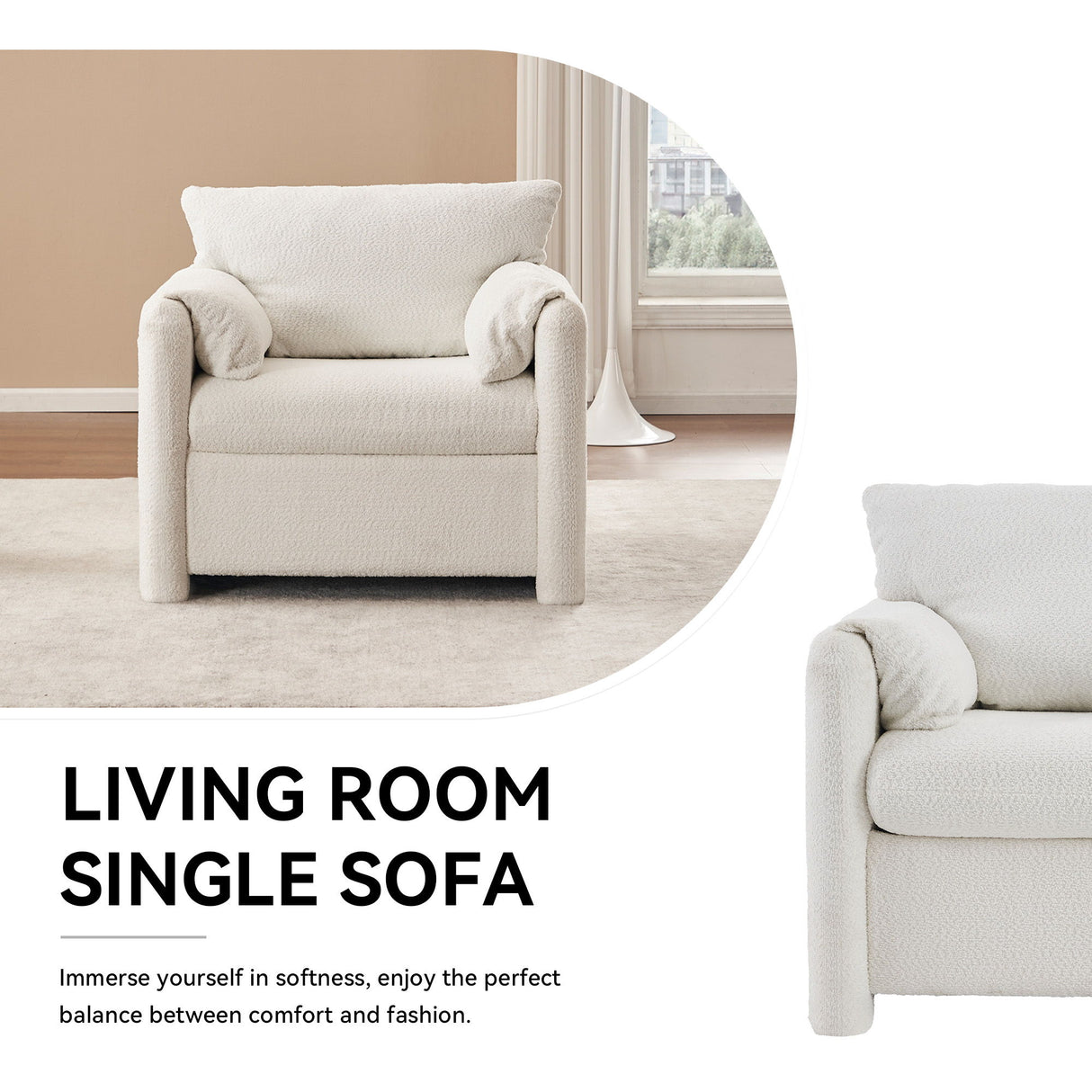 Fixed Modern Accent Chair Single Seater Plush Chenille Lounge Chair With High Resilience Cushion - Ivory White