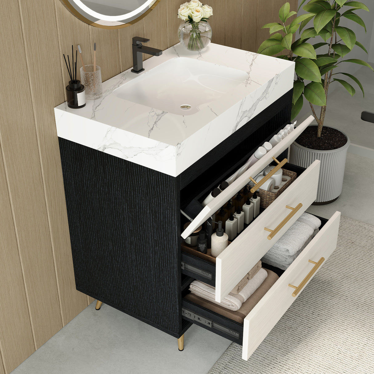 Modern Free-Standing Bathroom Vanity with Ceramic Vessel Sink & Durable Sintered Stone Top